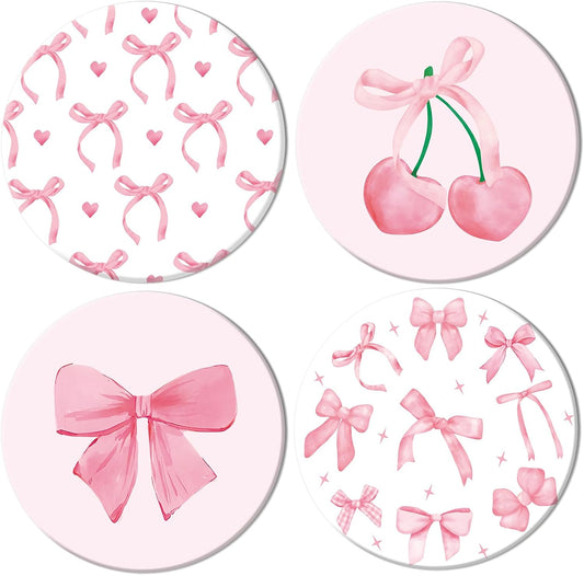 FYSUIMU 4Pcs Pink Bow Coasters Cute Coquette Bowknots Ceramic Drink Coasters Absorbent Bow Cherries Cup Mat for Mother's Day Valentines Baby Shower Birthday Home Kitchen Office Party Table Decor