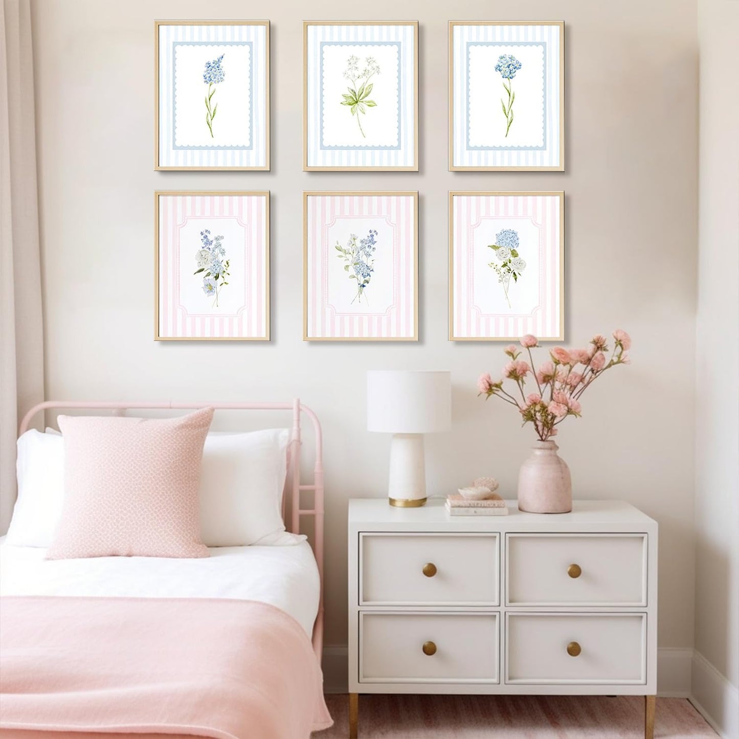 WNRTEKNK 6pcs Floral Nursery Wall Art Pink Blue Botanical Canvas Prints Flower Hydrangea Wall Decor Wildflower Pictures Pastel Wall Decor Painting for Girls Bedroom 8x10 Inch Posters Unframed