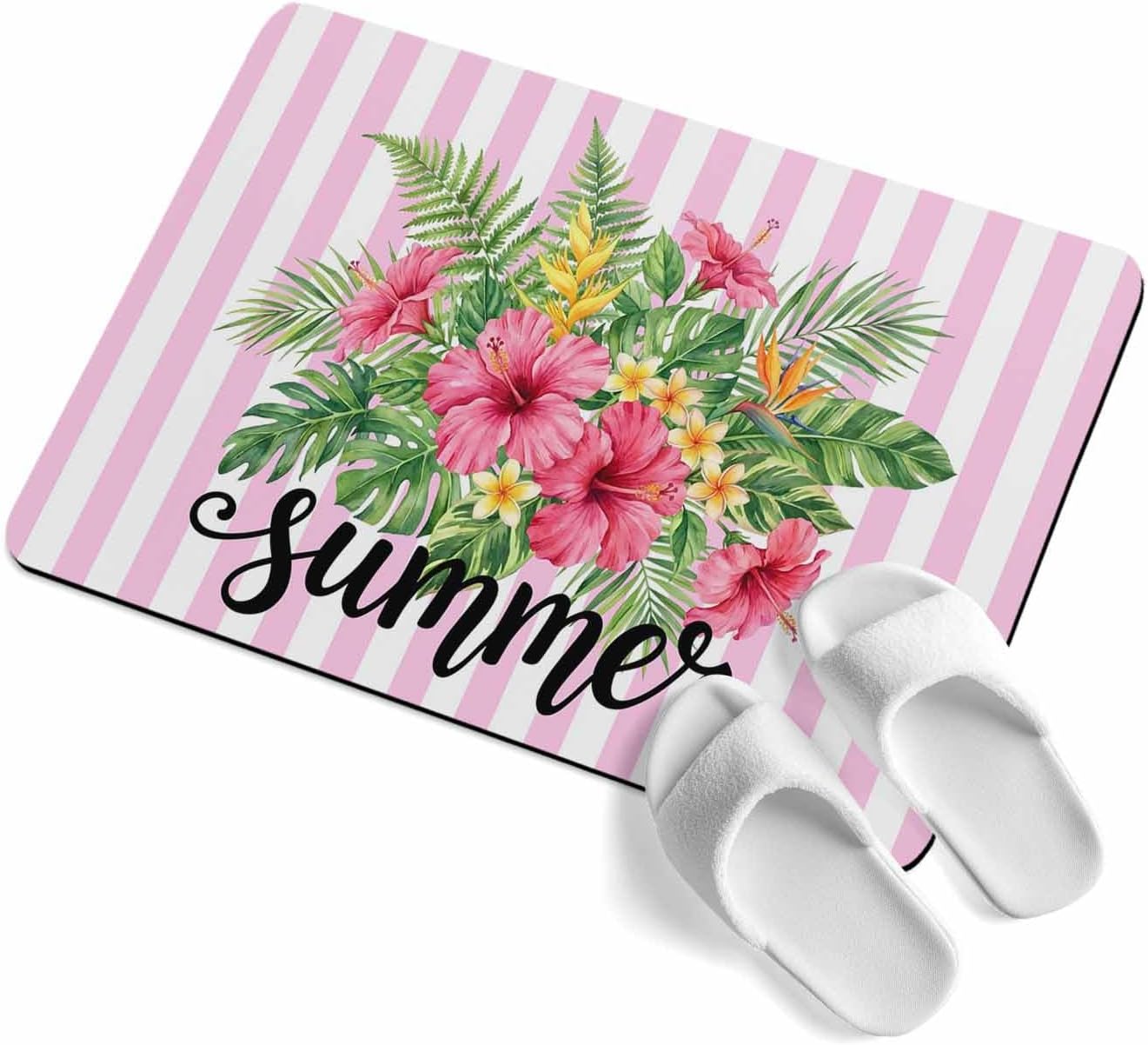 Bath Mat Absorbent Bathroom Rug,Summer Tropical Plants Flowers Non Slip Quick Dry Bath Rugs Diatomite Stone Shower Mat,Pink Floral Striped Washable Doormat Kitchen Mats