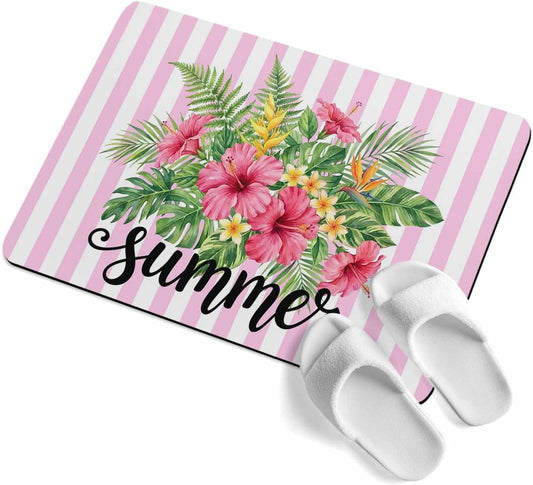 Bath Mat Absorbent Bathroom Rug,Summer Tropical Plants Flowers Non Slip Quick Dry Bath Rugs Diatomite Stone Shower Mat,Pink Floral Striped Washable Doormat Kitchen Mats