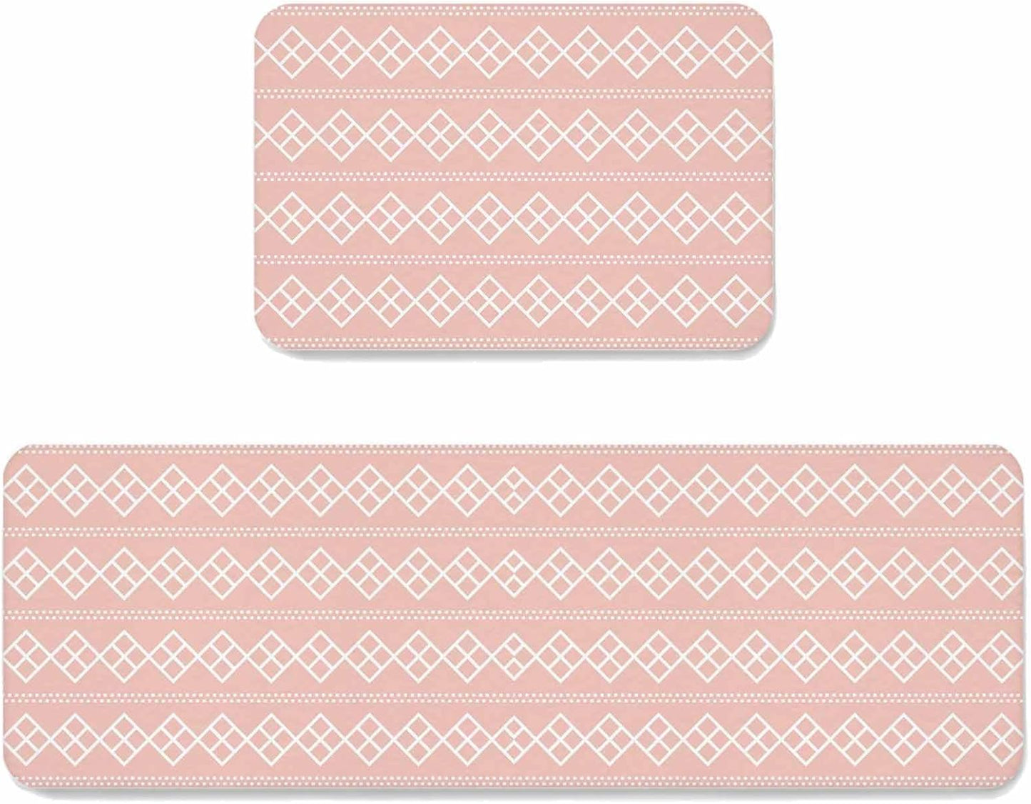 Peach Pink Checkered Kitchen Mat Set 2 Pieces Abstract White Geometric Argyle Stripe Non Slip Kitchen Rugs Washable Runner Rug Mats for Kitchen Sink Laundry Office (23.6" x 35.4"+23.6" x 70.9")