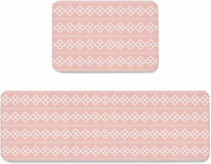 Peach Pink Checkered Kitchen Mat Set 2 Pieces Abstract White Geometric Argyle Stripe Non Slip Kitchen Rugs Washable Runner Rug Mats for Kitchen Sink Laundry Office (23.6" x 35.4"+23.6" x 70.9")
