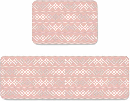 Peach Pink Checkered Kitchen Mat Set 2 Pieces Abstract White Geometric Argyle Stripe Non Slip Kitchen Rugs Washable Runner Rug Mats for Kitchen Sink Laundry Office (23.6" x 35.4"+23.6" x 70.9")