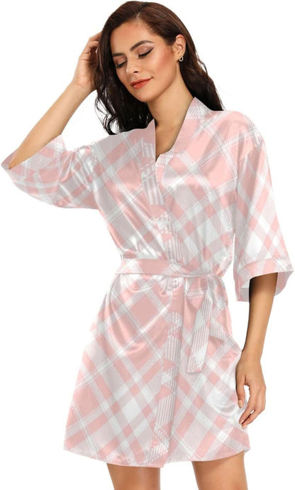 Flesh Pink Checkerboard Womans Bathrobes Warm Shower Robe for Bathroom