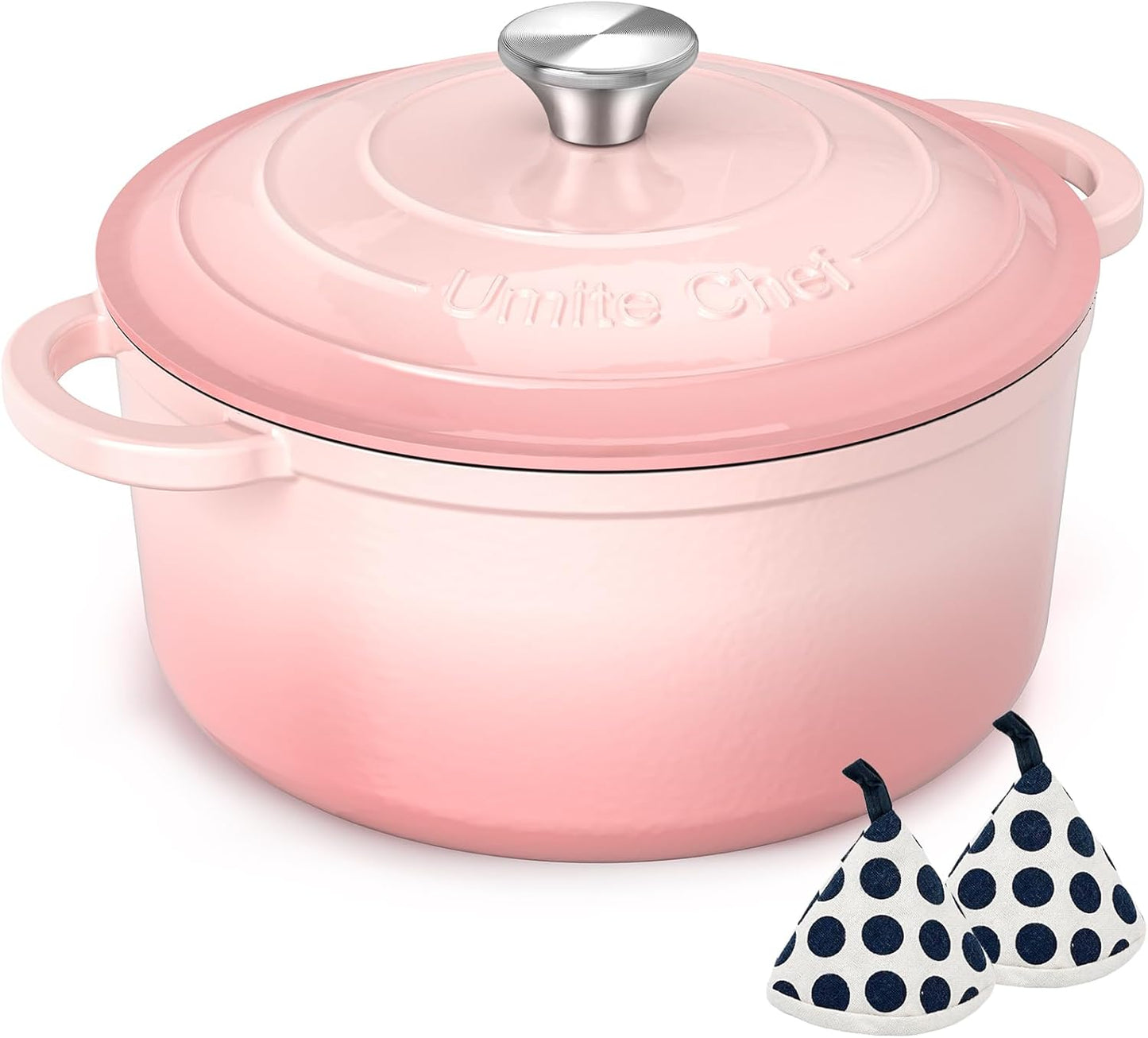 Umite Chef Enameled Cast Iron Dutch Oven-7QT Pot with Lid Cookbook & Cotton, Heavy-Duty Cookware for for Bread Baking, Braising, Stews, Marinate, Cook(Pink)