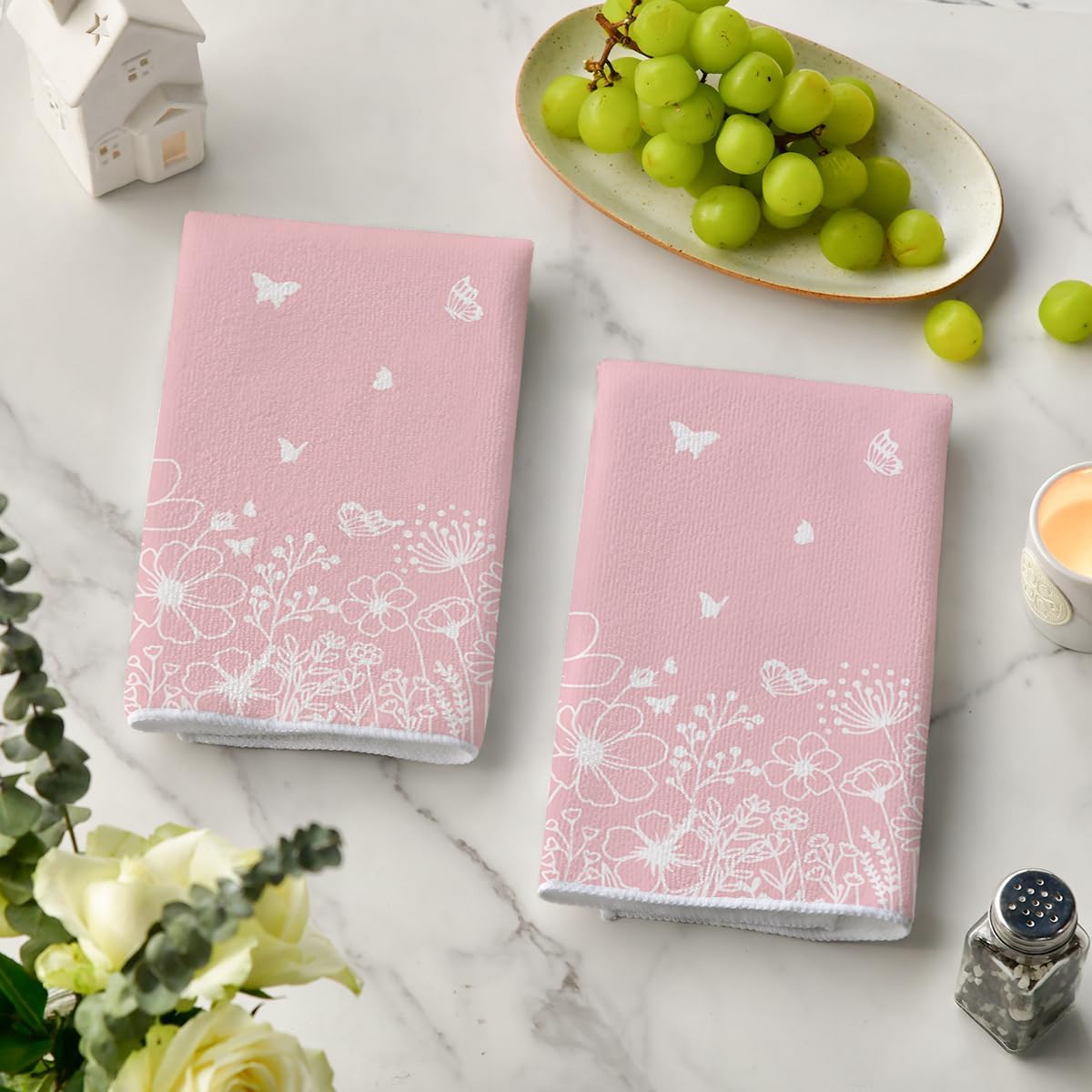 Artoid Mode Pink Butterfly Floral Spring Kitchen Towels Dish Towels, 18x26 Inch Farmhouse Summer Decoration Cleaning Set of 2