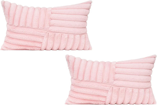 All Smiles Valentine's Day Couch Decorative Throw Pillow Covers 12X20 Set of 2 Faux Fur Plush Soft Fluffy Lumbar Cushion Case Cozy Fuzzy Striped Pillowcase Home Decor for Bed Sofa Living Room,Pink