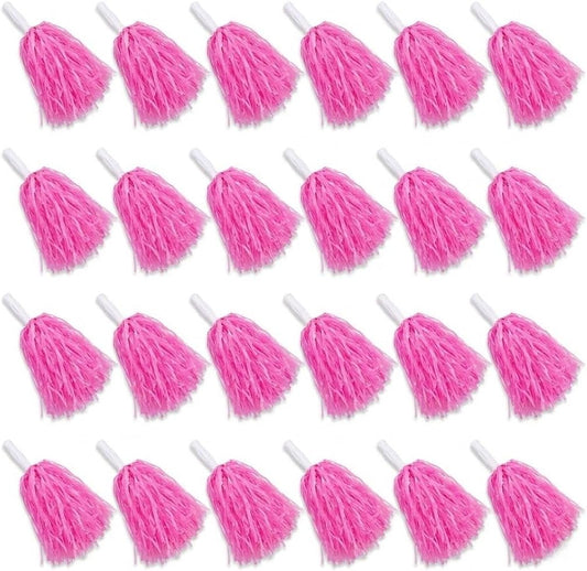 24 Pcs Pink Cheerleading Pom Poms - School Spirit Shakers Metallic Foil Cheering Pompoms Cheer Pom with Baton Handle Plastic Squad for Adults Team Spirit Sports Party Cheering (24, Pink)