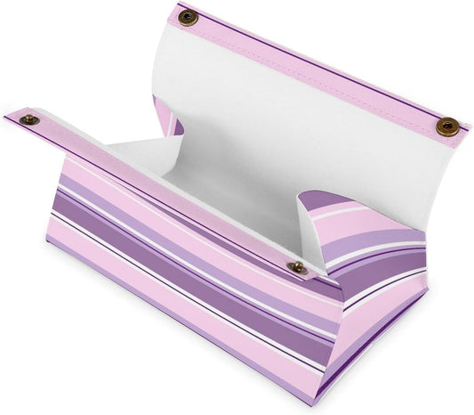 Striped Pattern Pinks Purples White Tissue Box Cover PU Leather Facial Tissue Dispenser Box for Office Car & Bathroom