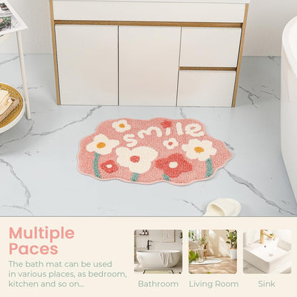 Flowers Extra Absorbent Bathroom Carpet Non Slip and Thick Microfiber Bath Rug Machine Washable Bath Mat for Bath Tub, Living Room and Bedroom (18"x27", Pink)