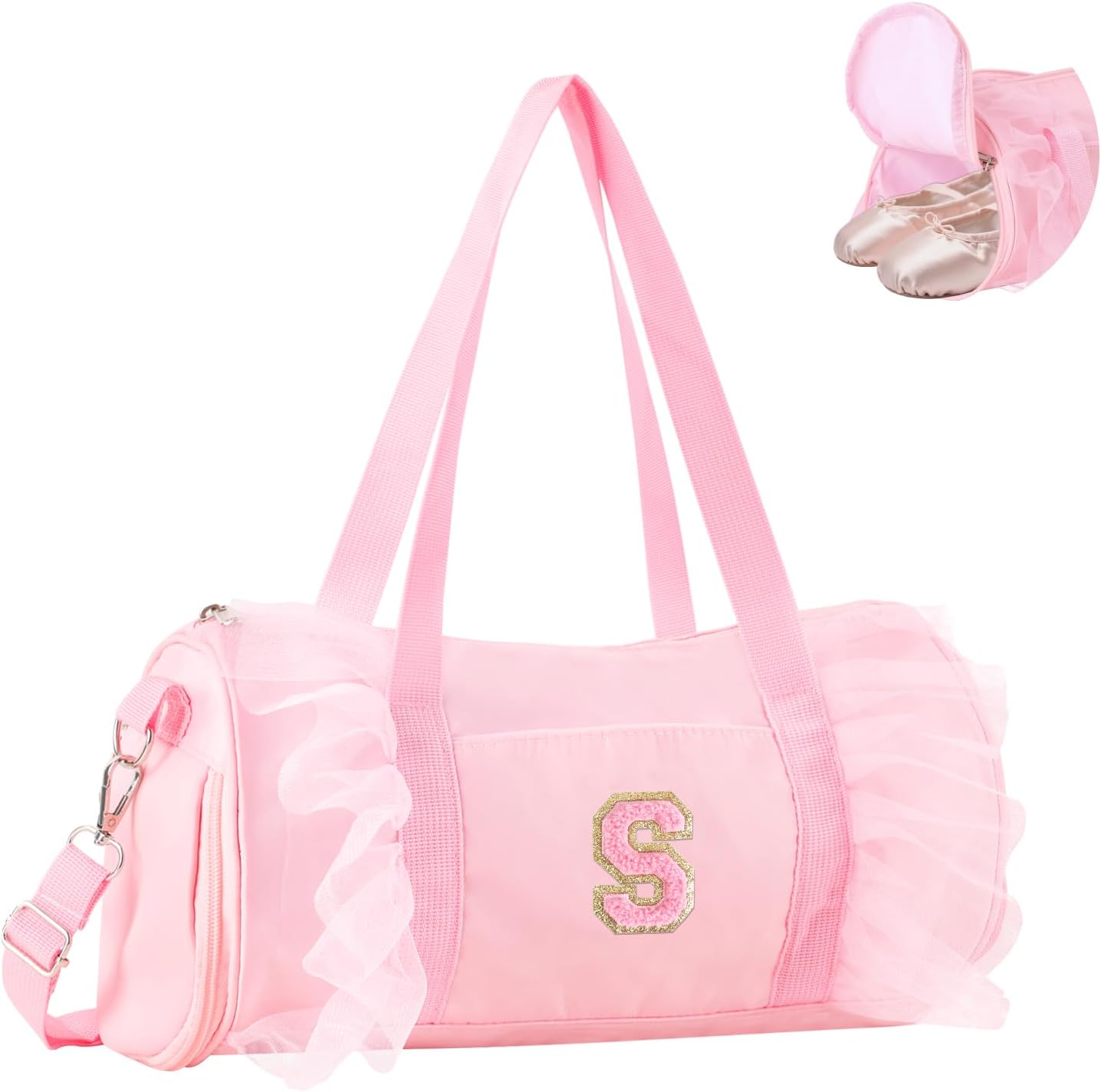 Personalized Initial Dance Bag for Girls 4-6, Small Lace Gym Sport Yoga Cheer Dance Bags Gift for Teen Girls, Cute Letter Kids Ballet Bag Toddler Travel Duffel Tote with Adjustable Straps(Pink-S)