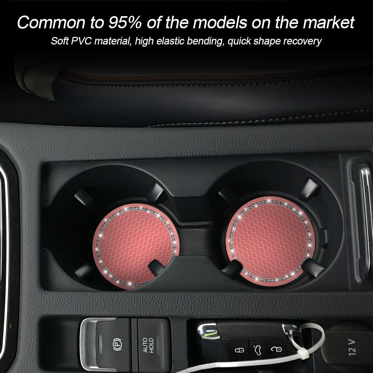 Bling Crystal Rhinestone Car Cup Holder Coaster, 2 PCS Universal Auto Accessories 2.75 Inch Anti Slip Insert Mat Pad Set, Suitable for Most Cars, Trucks, Vehicles Interior (Light Pink)
