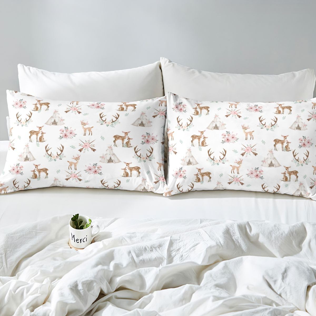 Erosebridal Sika Deer Bed Sheets Set Twin Tent Sheet Set Cute Animal Antlers Arrows Leaf Sheets Pink Peach Blossoms Elk Print Flat Fitted Sheet