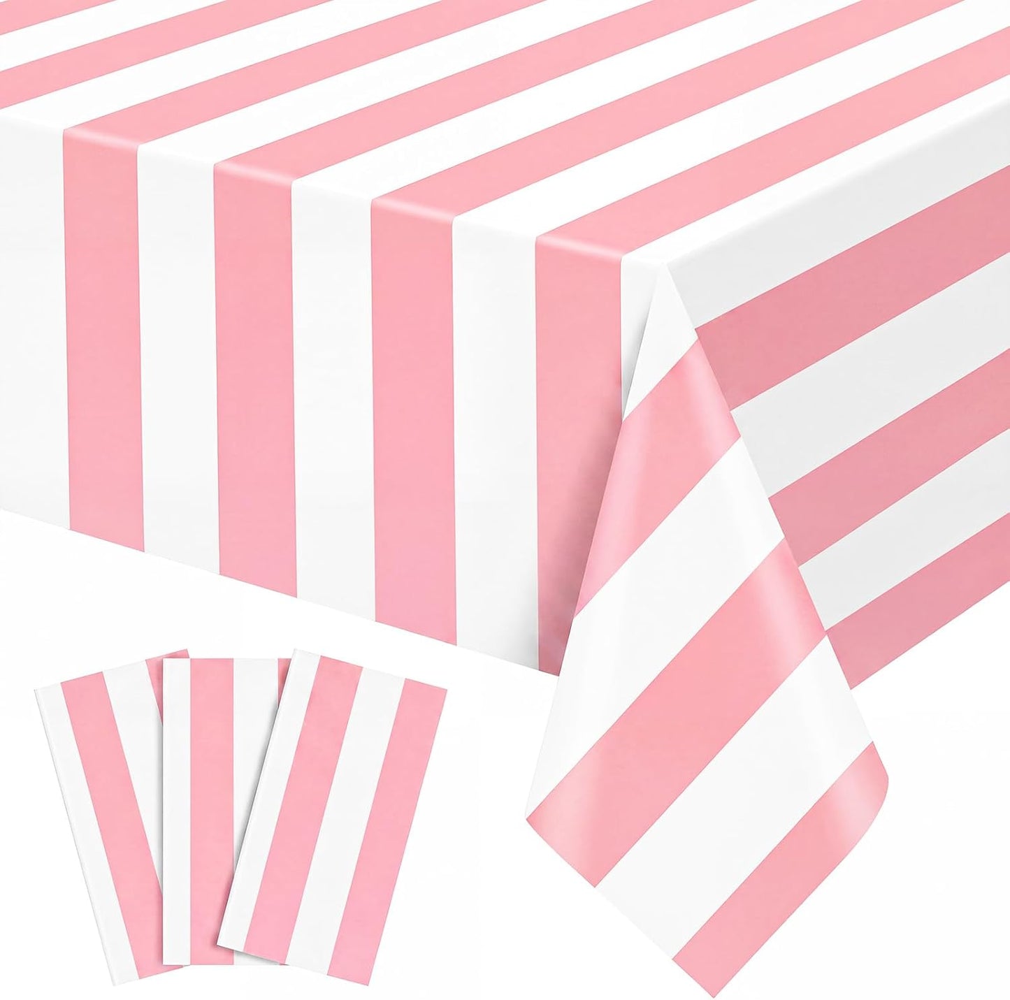 3 Pack Pink Striped Tablecloth, 54 x 108Inch Pink and White Striped Tablecloth Pink Carnival Theme Party Decorations Waterproof Plastic Table Cloth for Birthday Picnic Baby Shower Wedding Halloween