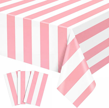 3 Pack Pink Striped Tablecloth, 54 x 108Inch Pink and White Striped Tablecloth Pink Carnival Theme Party Decorations Waterproof Plastic Table Cloth for Birthday Picnic Baby Shower Wedding Halloween