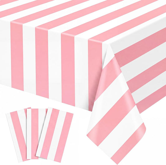 3 Pack Pink Striped Tablecloth, 54 x 108Inch Pink and White Striped Tablecloth Pink Carnival Theme Party Decorations Waterproof Plastic Table Cloth for Birthday Picnic Baby Shower Wedding Halloween