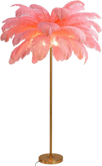 Modern Feather Floor Lamp with 48 Ostrich Feathers, 3-Temperature Dimmable Bulbs - Bedside Reading Light for Girls Bedroom Decor,Bean Paste,Large