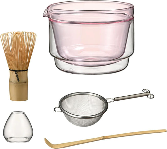 HARIO Matcha Tea Set (Pink) – Double-Walled Glass Matcha Bowl with Chasen Whisk, Whisk Stand, Chashaku Scoop & Tea Sifter, Complete Japanese Matcha Kit, Gift