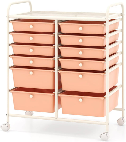 COSTWAY 12-Drawer Rolling Storage Cart, Moveable Art Craft Organizer W/Lockable Wheels, Metal Shelf, Files Arrangement Tools Makeup Storage Cart for Office, Home, School, Peach