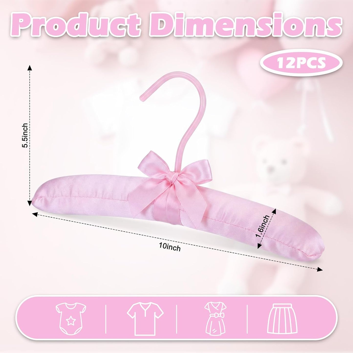 Novabright 12 Pcs 10" Baby Satin Padded Hangers Non-Slip Wooden Hangers with Sponge Shoulder for Baby Christening Dress Girl Toddler Infant Nursery Newborn Clothing(Pink)