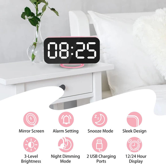 Lamisola Pink Digital Alarm Clock for Girls, Large LED Mirror Desk Clock, 2 USB Charging Ports, Nightstand Table Aesthetic Sleek Clocks Decor for Bedroom Office, Pink