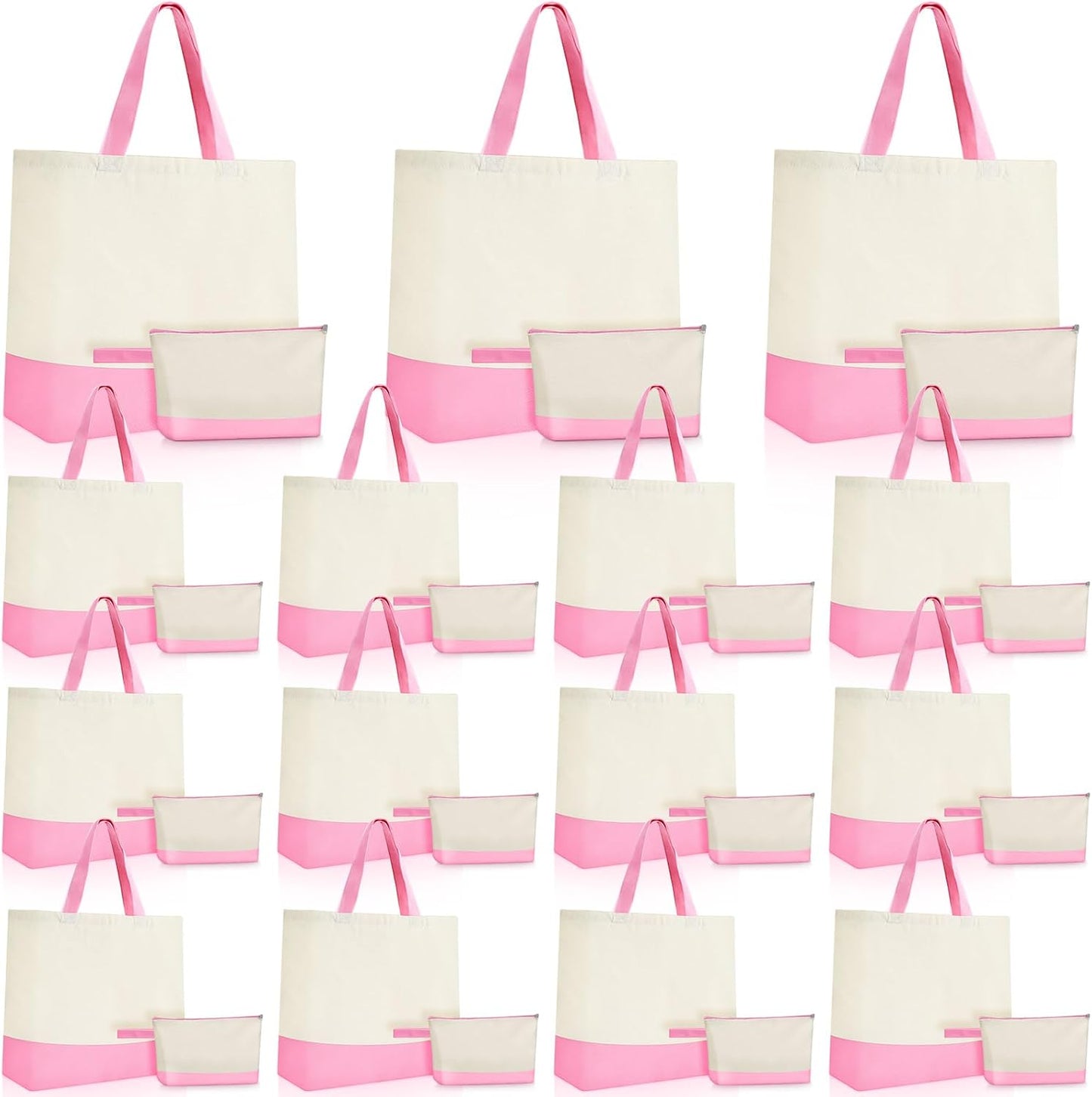 Sanwuta 30 Pcs Canvas Tote Bags Bulk with Zipper Cosmetic Pouch 18.5" Reusable Cotton Shopping Bag with Handle for DIY Craft (Light Pink)
