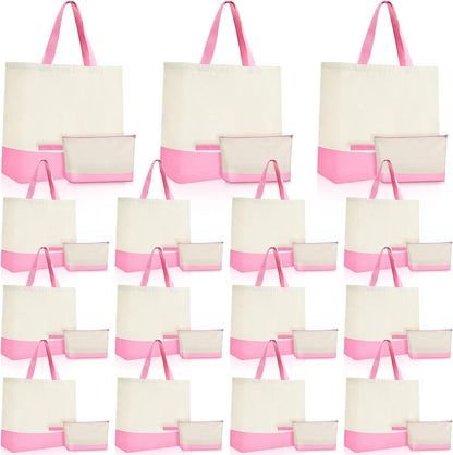 Sanwuta 30 Pcs Canvas Tote Bags Bulk with Zipper Cosmetic Pouch 18.5" Reusable Cotton Shopping Bag with Handle for DIY Craft (Light Pink)