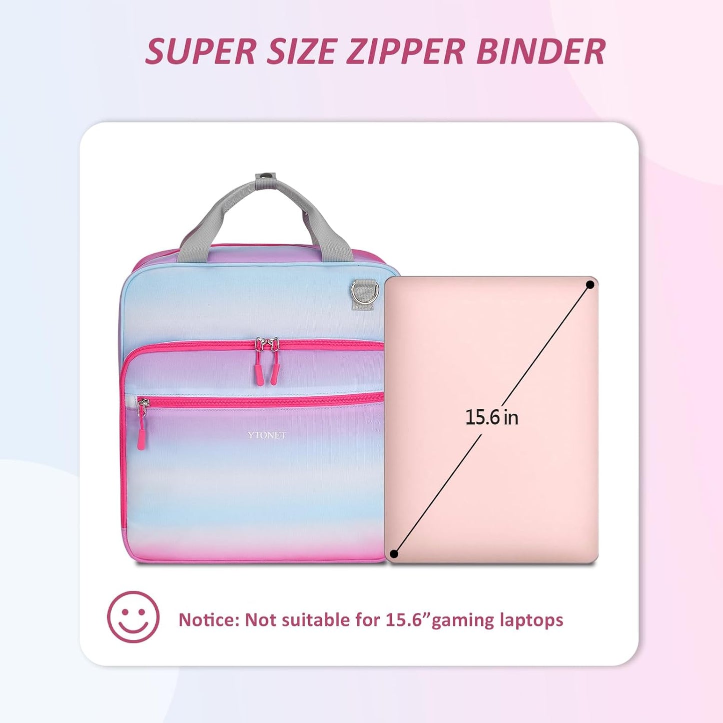 Ytonet Zipper Binder 3 Ring, 3 Inch Binder with Zipper Fit 15.6 in Laptop, 600 Page Extra Large Multi-Pocket School Binders Organizer with Shoulder Strap Handle for Girls Kids Women Student, Blue-Pink