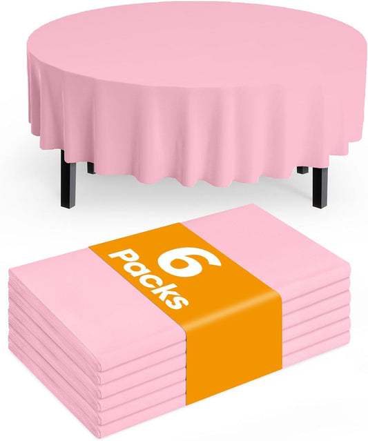 Pureegg Plastic Table Cloth Disposable 6 Pack, 84'' Round Table Cloths, Easter Party, Valentines, Mothers Day Decorations, Tablecloths, Round, Pastel Plastic Cover, Waterproof, Pink