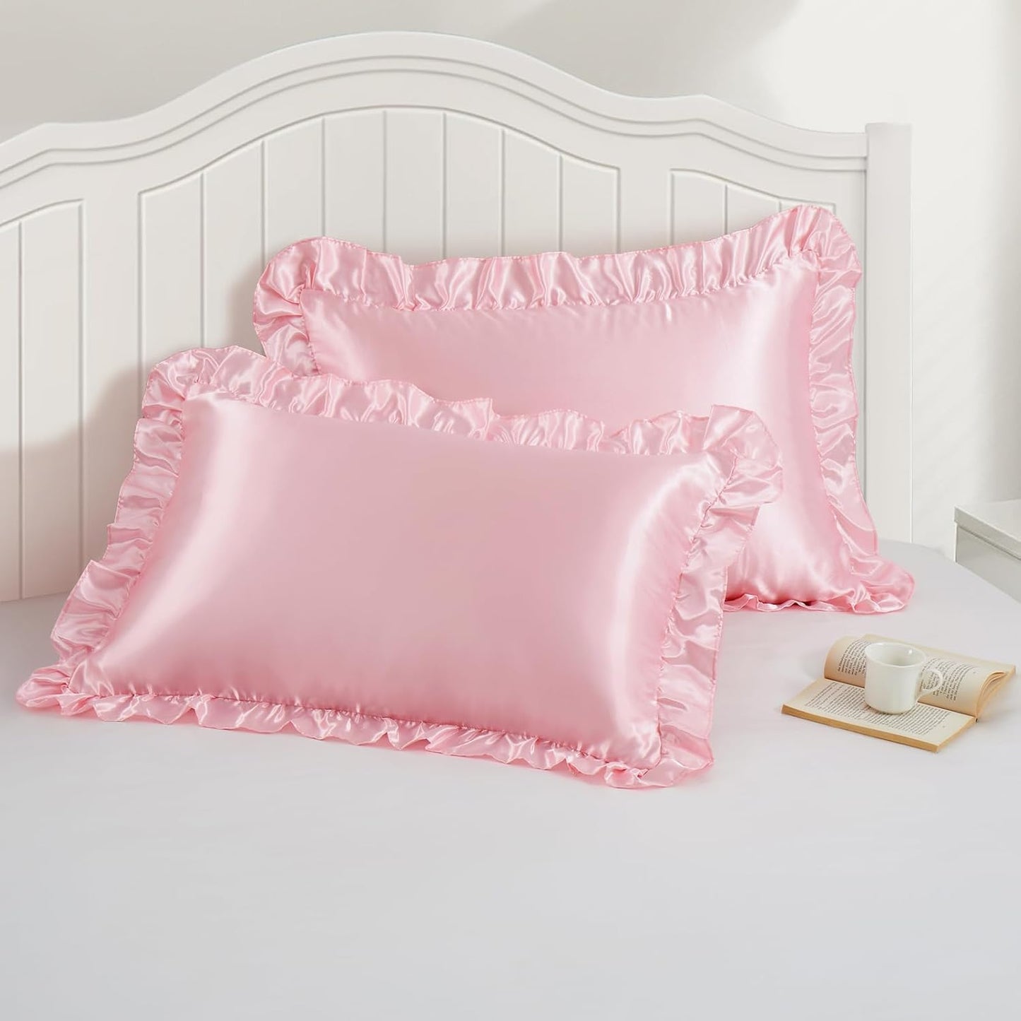 P Pothuiny 3-Piece Set Ruffle Satin Pillowcases & Twin Fitted Sheet, Luxury Blush Pink Satin Fitted Sheet Silky Soft Cute Bedding Bedroom Dorm Decor, Wrinkle Free, 15 Inch Deep Pocket