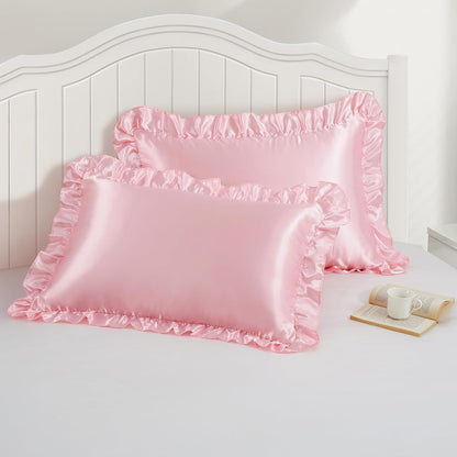 P Pothuiny 3-Piece Set Ruffle Satin Pillowcases & Twin Fitted Sheet, Luxury Blush Pink Satin Fitted Sheet Silky Soft Cute Bedding Bedroom Dorm Decor, Wrinkle Free, 15 Inch Deep Pocket