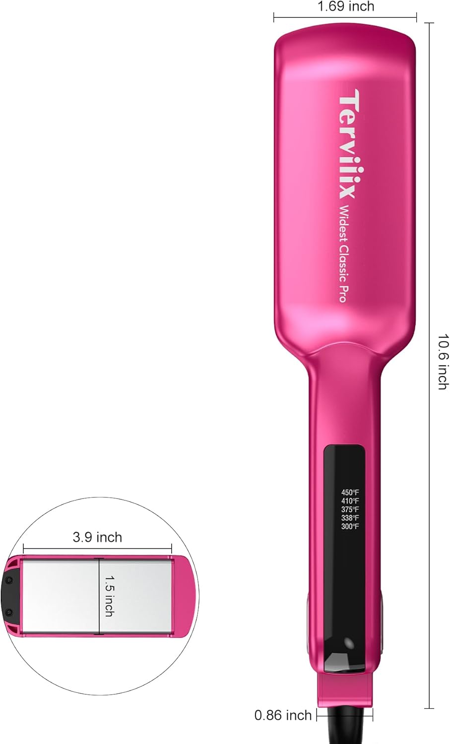 Terviiix 2 Inch Wide Ceramic Hair Straightener Flat Iron for Thick Curly Hair - Heats in 30s, 300F-450F Adjustable, Dual Voltage for Travel, Auto Shut Off, Pink