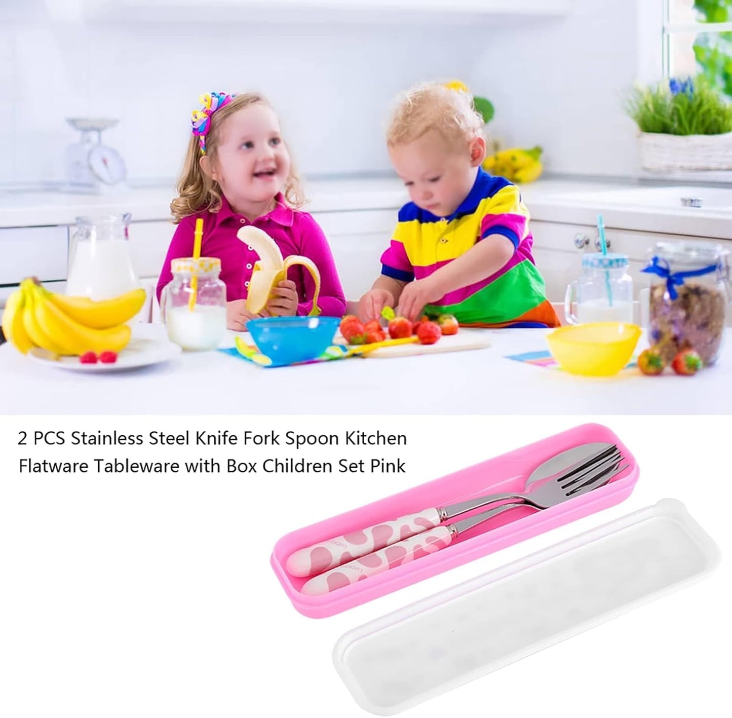 2Pcs Fork And Spoon Set, Cute Cutlery Set Stainless Steel Small Cutlery Travel Cutlery Set with Portable Storage Case for School Travel(Pink)