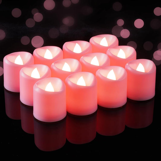 5plots 12-Pack Pink Flameless Candles, Flickering Votive Candles, 100 Hours Battery Powered Tealights for Wedding, Holiday, Party, Dating, Proposal, Table Centerpiece, Christmas