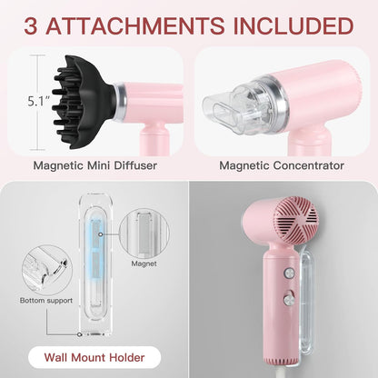 Webeauty Mini Hair Dryer with Diffuser, 110,000RPM High-Speed Motor, 200M Negative Ions Protect, 3-Temp & 2-Speed Settings, Lightweight Travel-Friendly Blow Dryer with Magnetic Attachments (Pink)