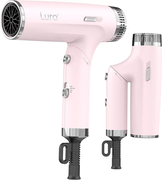 LURA Auto Dual Voltage Hair Dryer for International Travel,Travel HairDryers with Difffuser,Portable Blow Dryer for Women Lightweight,Compact Mini Blowdryers with Folding Hand for Kids(Pale Pink)