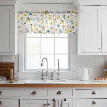 Summer Ocean Starfish Sheer Curtains Valances for Windows Lemons Coastal Coral Flowers Beige Chiffon Kitchen Valances for Cafe, Voile Window Treatments Curtains for Living Room Bedroom, 54"x18"
