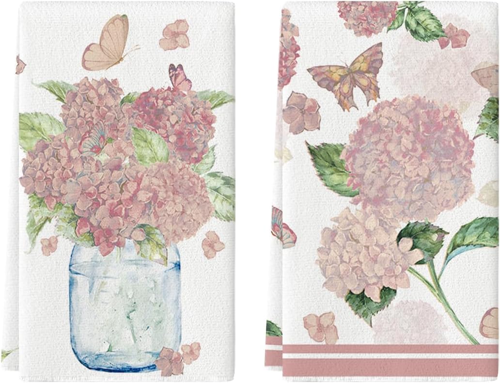 Artoid Mode Pink Hydrangea Vase Butterfly Spring Kitchen Towels Dish Towels, 18x26 Inch Summer Flowers Holiday Decoration Cleaning Set of 2