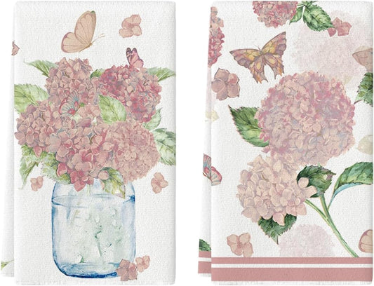 Artoid Mode Pink Hydrangea Vase Butterfly Spring Kitchen Towels Dish Towels, 18x26 Inch Summer Flowers Holiday Decoration Cleaning Set of 2
