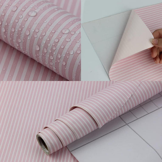 17.7" x 197" Pink and White Stripe Wallpaper Stick and Peel Contact Paper Self Adhesive Decorative Waterproof Wall Covering Cabinets Shelves Liner Drawer Sticker