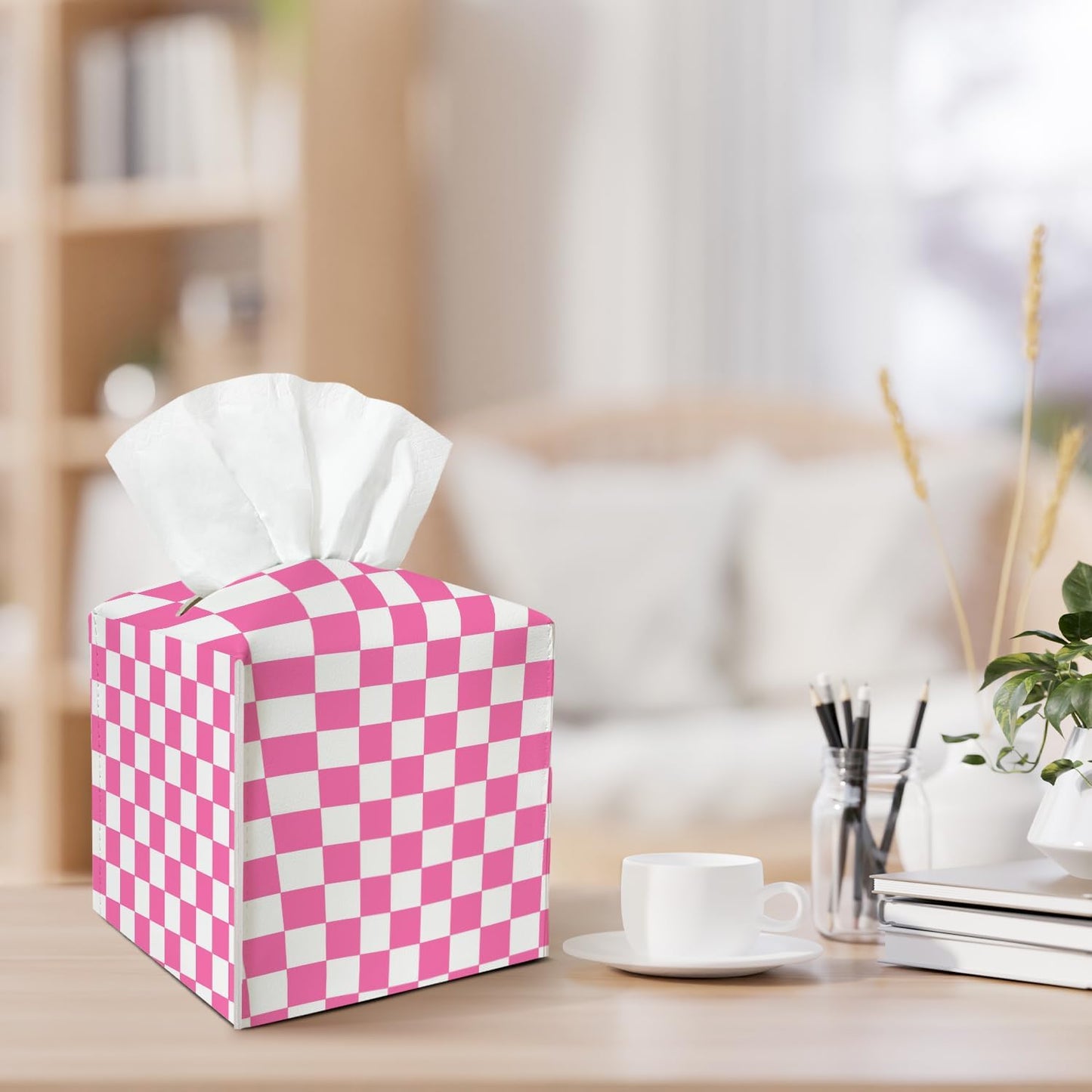 Pink Check Pattern Leather Tissue Box Cover Square Tissue Holder for Car Livingroom Office Decor Ideal Gifts for Women Colleagues Family Sister Bestie Daughter Birthday Christmas Housewarming - YT0187
