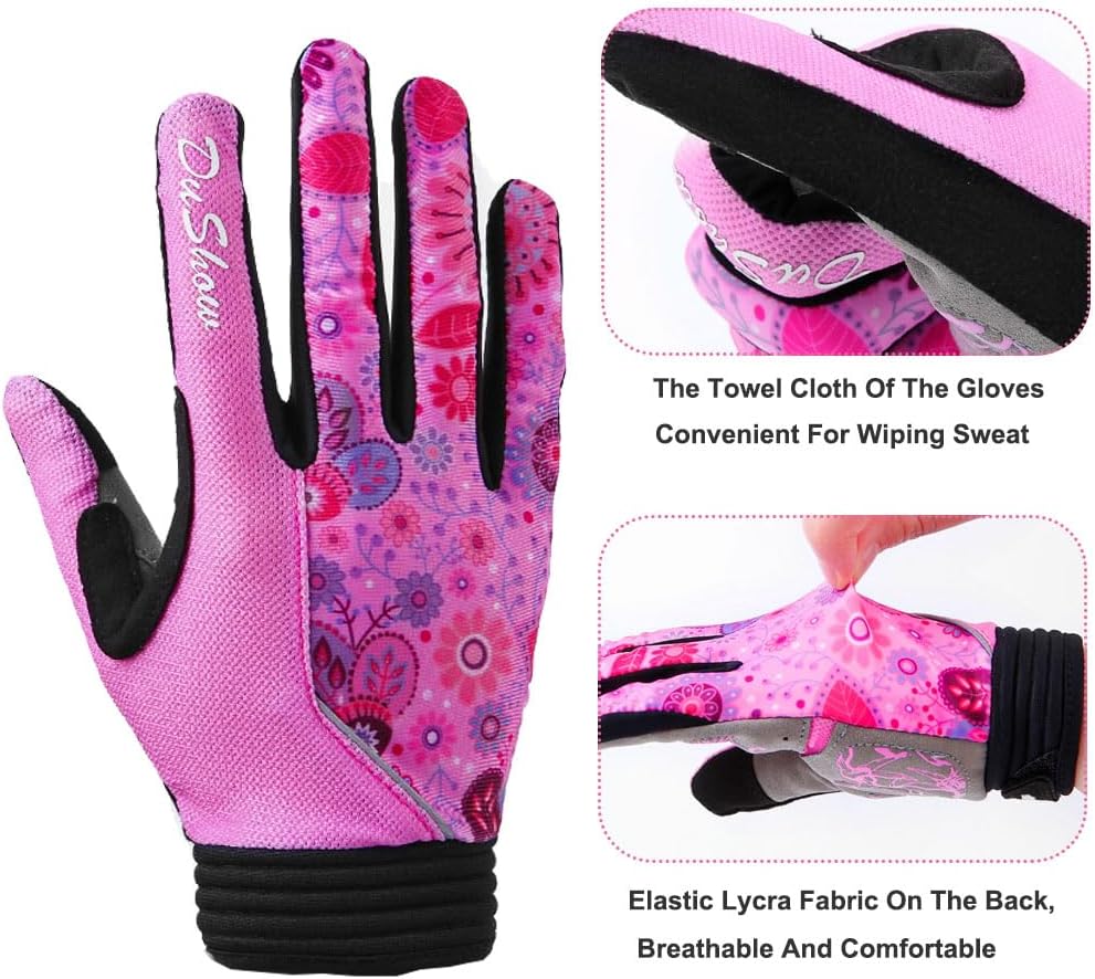 DuShow Bike Gloves for Women Cycling,Pink Floral Workout Gloves Women,Full Finger Biking Driving Riding Gloves for Women,Gel Padded Touch Screen Gym Gloves