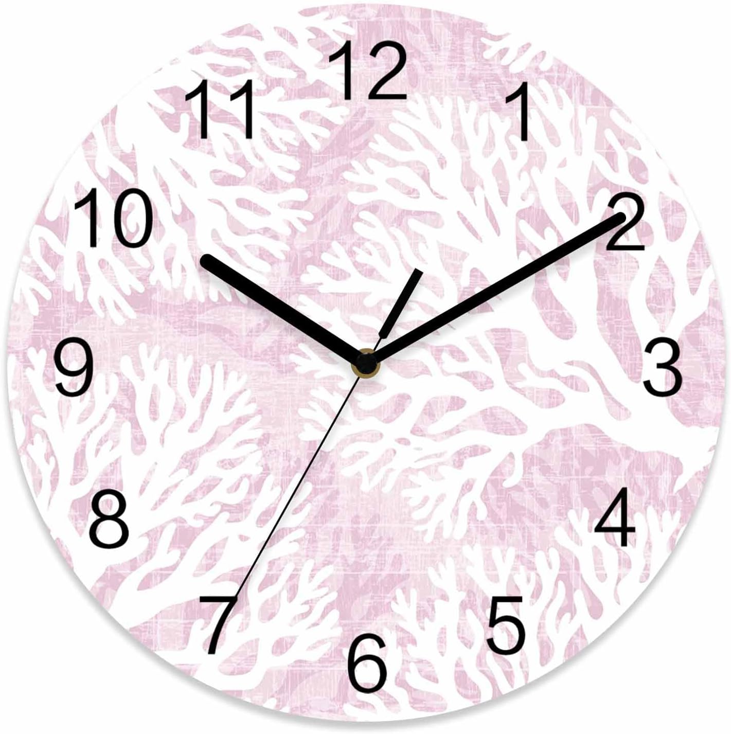 Coral Wall Clock Battery Operated Non-Ticking 10" Round Wood Clocks, Ocean Coral Coastal Pink Kitchen Wall Clock for School Bathroom Living Room Home Office Wall Decor