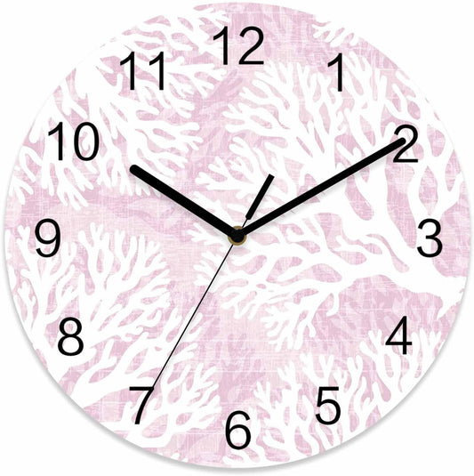 Coral Wall Clock Battery Operated Non-Ticking 10" Round Wood Clocks, Ocean Coral Coastal Pink Kitchen Wall Clock for School Bathroom Living Room Home Office Wall Decor