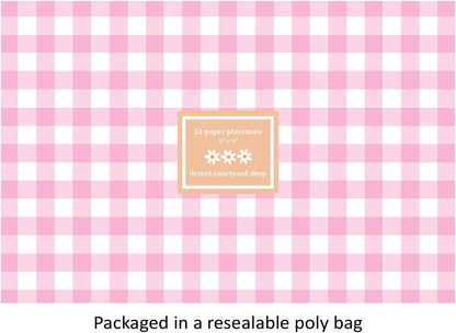 Baby Pink Gingham Paper Placemats - Set of 24 Disposable Placemats 12" x 18" - Perfect for Weddings, Parties, Backyard BBQ's, Bridal/Baby Shower - Printed on Quality Thick Paper - Made in the USA