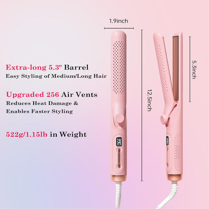 Hahahope Hair Straightener Curler 2-in-1: 1.25" Flat Iron for Women - Curling Wand 360° Airflow Cooling Vents Titanium Ionic for Less Frizz - 5 Temps & Auto Off Dual Voltage (Pink)