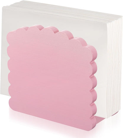 Acacia Wood Napkin Holder Scalloped Upright Napkin Dispenser for Table Rustic Cute Guest Paper Holder for Kitchen Dining Room Wedding Party Restaurant Hotel(No Text,Pink)