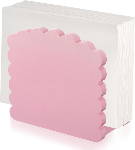 Acacia Wood Napkin Holder Scalloped Upright Napkin Dispenser for Table Rustic Cute Guest Paper Holder for Kitchen Dining Room Wedding Party Restaurant Hotel(No Text,Pink)