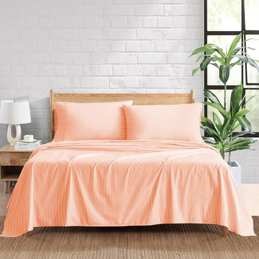 SKS Linen- 500 Thread Count Peach Stripe(Twin) Bed-Sheet Set-Highly Breathable 100% Egyptian Cotton, Woven Stripe 4 Piece 15''Inch Deep Pocket Hotel Quality