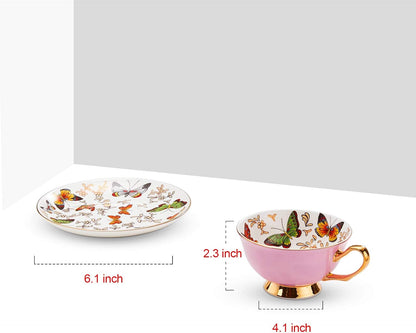 LURRIER Coffee Cup Mug with Saucer for Latte, Cappuccino Tea with Butterflies 6.8 Oz Fine Bone China, Dishwasher Safe, Reactive Glaze, 1 Pcs (Pink)